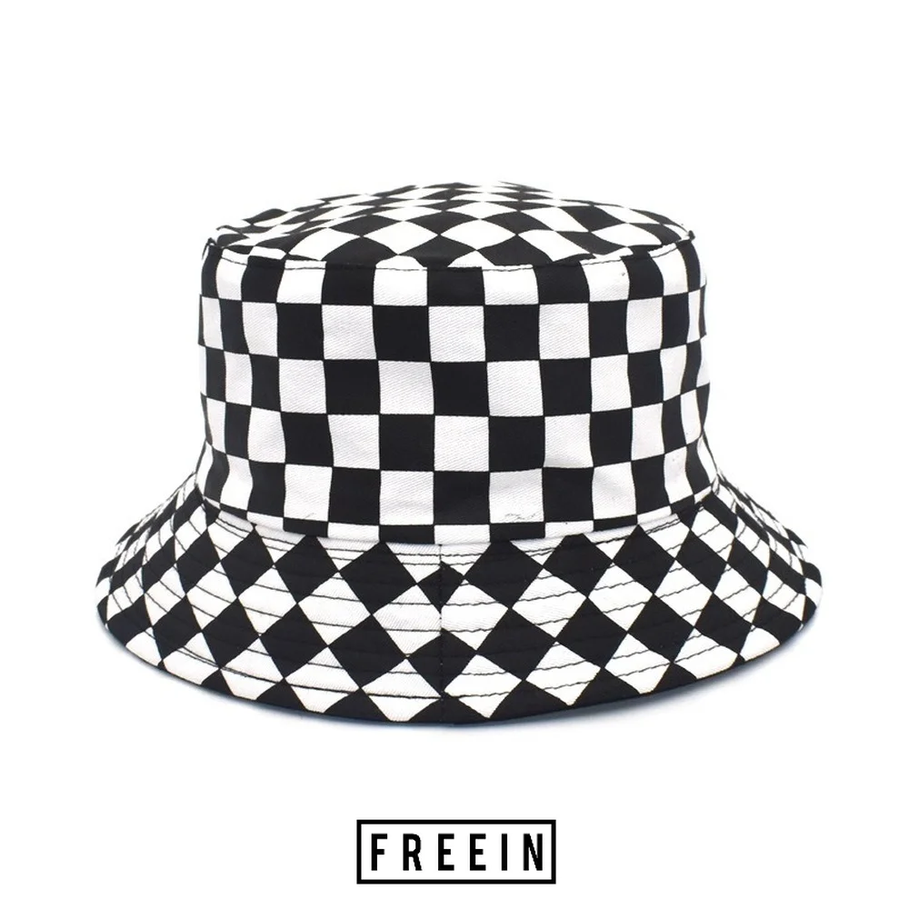 

FREEIN Magician Hat Gentleman Unisex Cap Black and White Grid Mosaic Bucket Hat Cotton Soft Sunshade Fisherman's Hat New Summerr