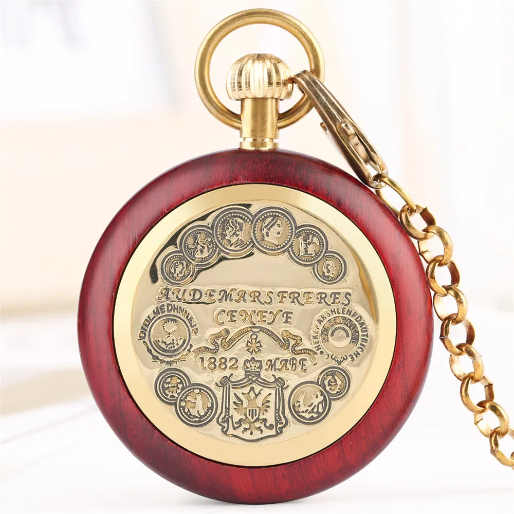 Red Wood Roman Numerals Open Face Pendant Mechanical Pocket Watch Durable Bronze Antique Hand Winding Pendant Chain Male Clock