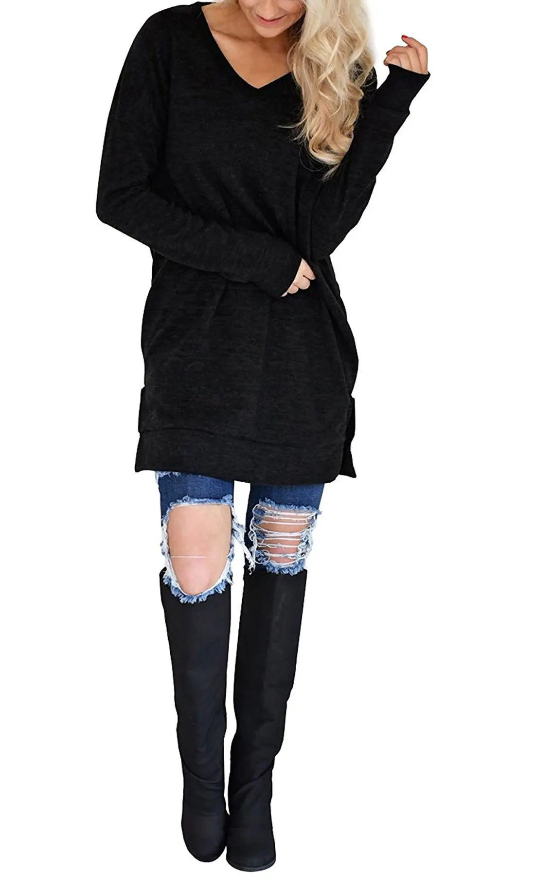 

womens shirt plus size fashion cotton t-shirt long solid v-neck tops casual loose tee women long sleeve korean clothes vintage