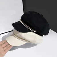 korean version exquisite chain pearl octagonal hat for woman fashion trend british style beret autumn winter retro newsboy hat