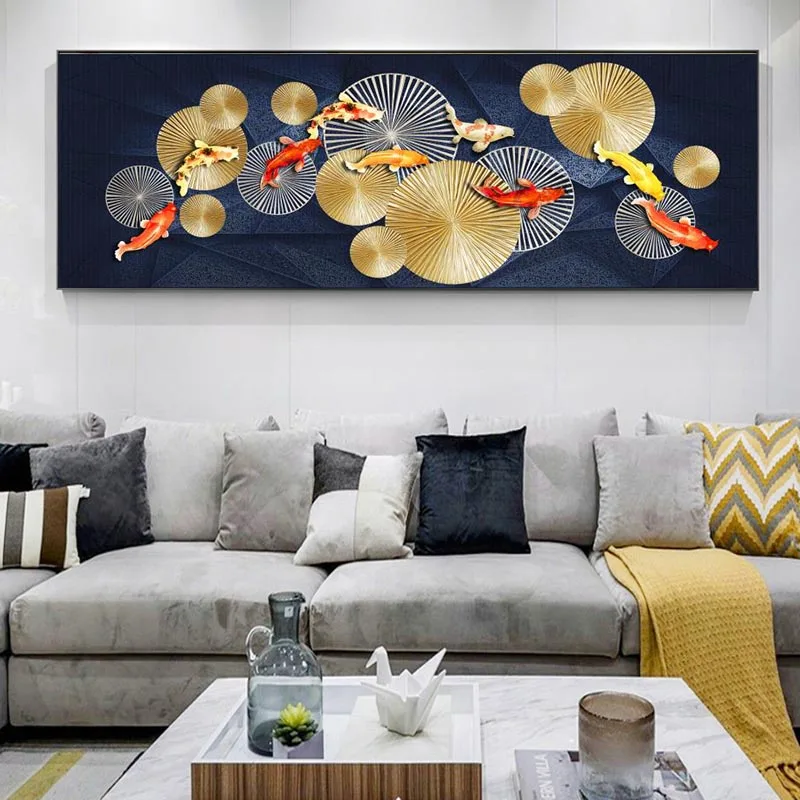 Постер на удачу с китайскими золотыми рыбками кои Декор для дома рисунок лотоса