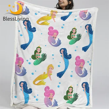 BlessLiving Girls Mermaid Bed Blankets Cartoon Throw Blanket Blue Marine Creature Plush Bedspread 150x200cm Soft Linen Blanket 1