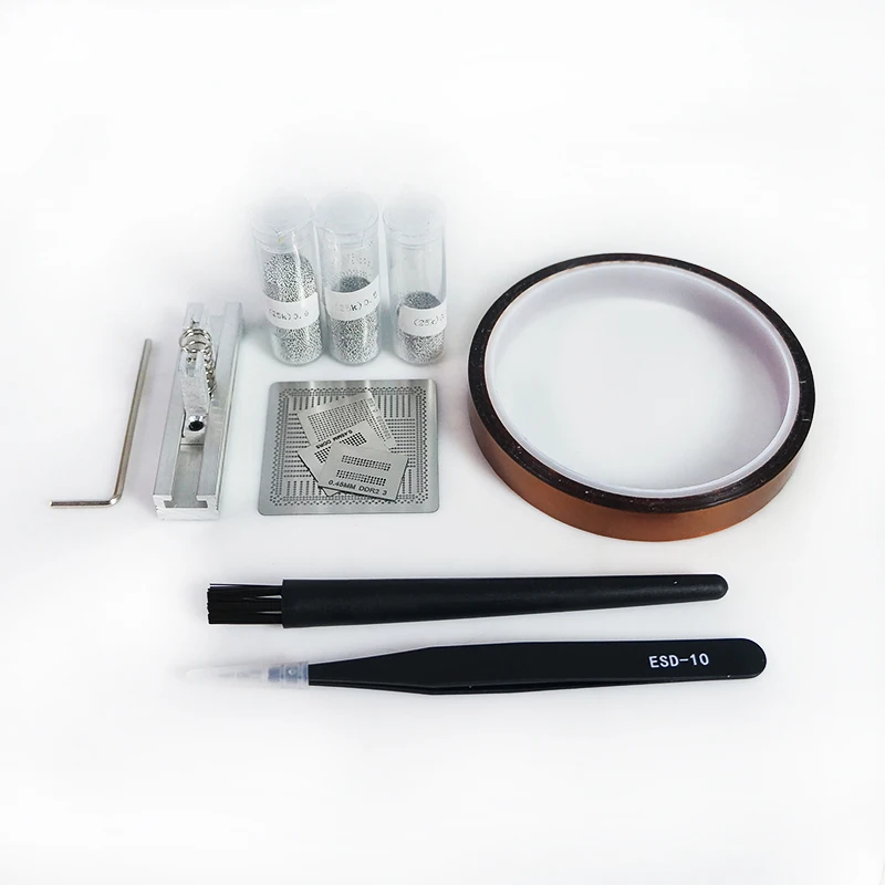 

Heated BGA Reball Fixture Reballing Kit 4pcs BGA Stencils For PS4 With Solder Balls ESD Tweezer Brush BGA Rework Tools