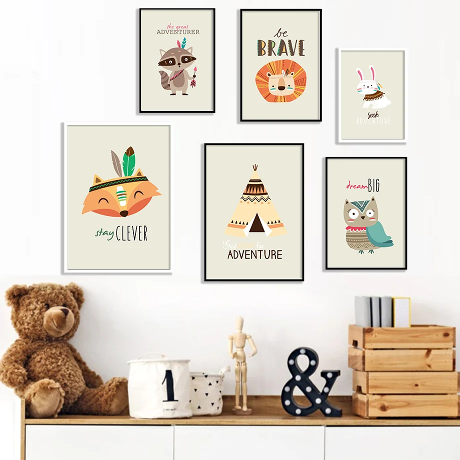 

Fox Lion Owl Rabbit Raccoon Tent Quotes Cartoon Nordic Posters And Prints Wall Art Canvas Painting Wall Pictures Kids Room Decor