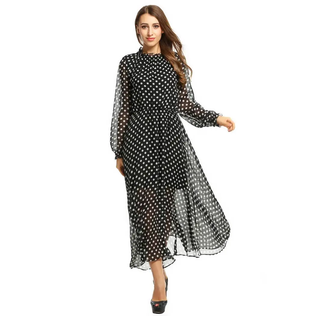 

Women Hot Sell Dot Printed Chiffon Dresses Long-sleeved Elegant Dress Female Vestido