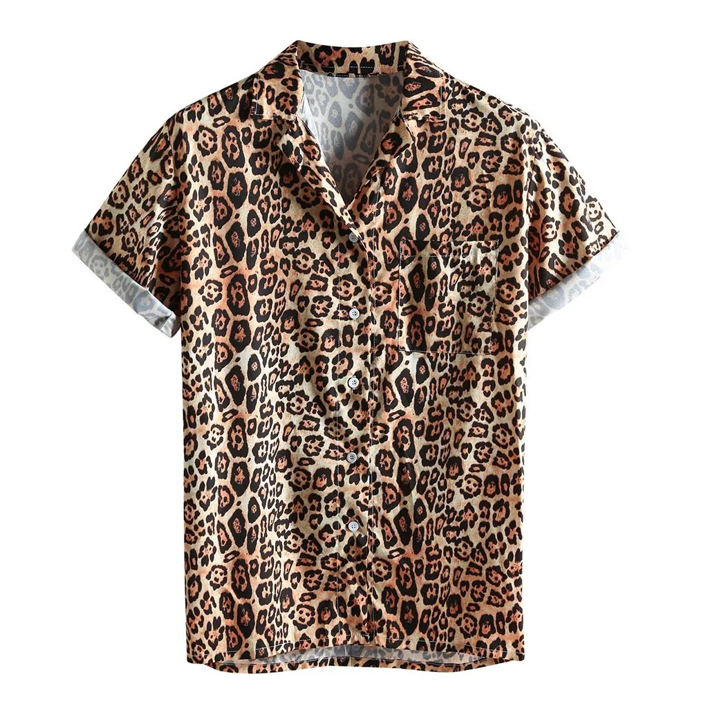 

Men Hawaiian Shirts 2021 Leopard Printed Chest Pocket Turn Down Collar Shirt Short Sleeve Loose Vintage Ethnic Style Beach Cloth