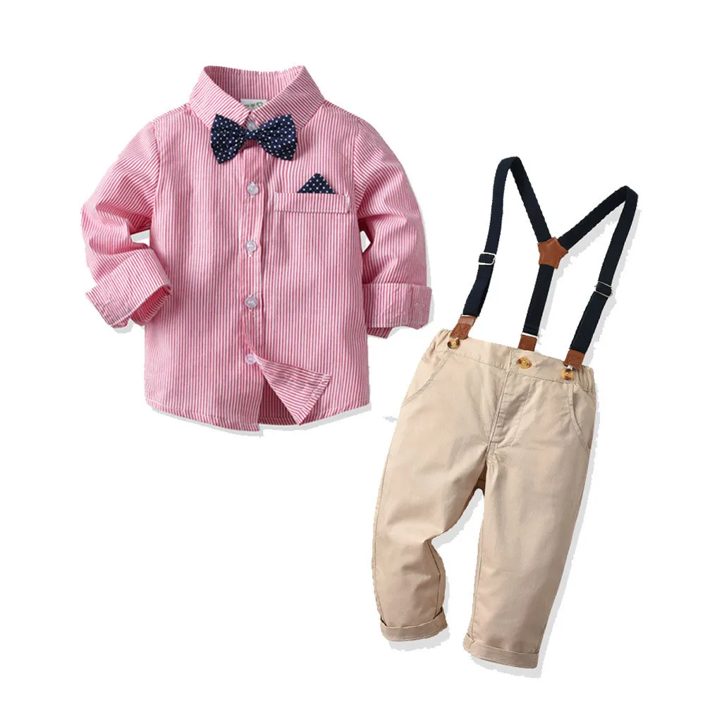 Newborn Toddler Kid Baby Boys Outfits set Long Sleeve Solid Colors Bow Tie Stripe Shirt+Pants Overalls Gentleman Suit Clothes#g4 |