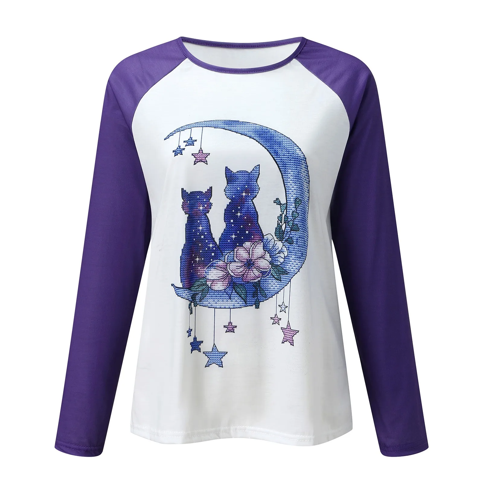 60# Lovely Cat Print Hoodie Women Long Sleeve Casual Harajuku Sweatshirt Female Plus Size O-neck Color Block Pullover Tracksuit
