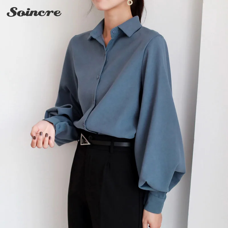 

Women's Single-breasted Blouse Vintage Turn-down Collar Autumn 2021 Lantern Sleeve Cotton Tops Long Sleeve Shirt Ladies Tunic