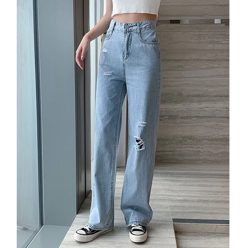 

Summer Thin Ripped Hole High Waist Wide Leg Straight Loose Jeans for Women S M L XL