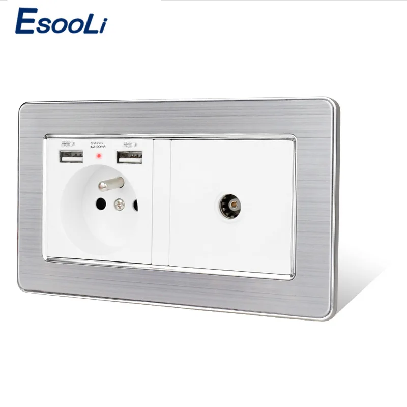 Электрическая розетка ESOOLI настенная двойная из нержавеющей стали 16 А с USB-портом