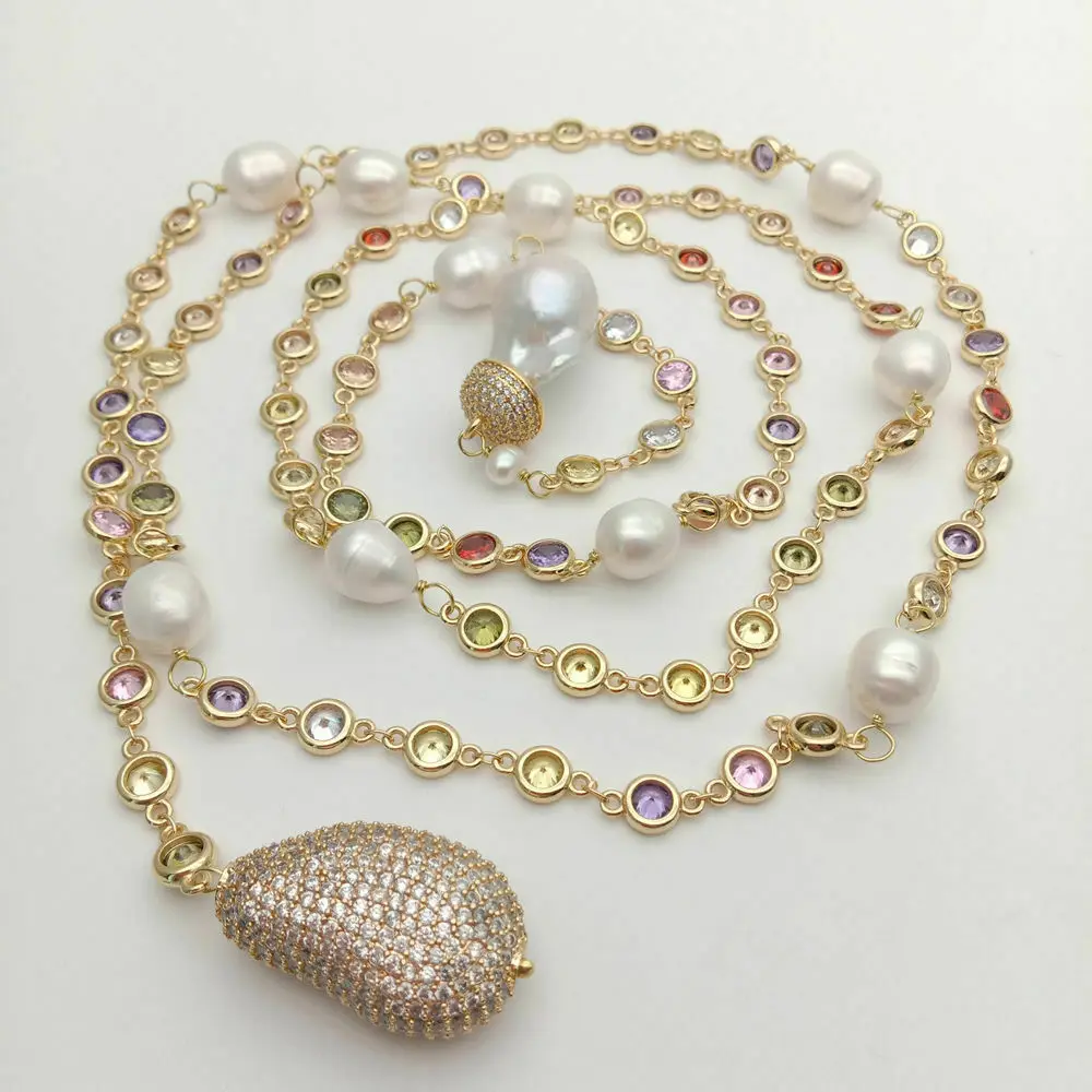 49" White Keshi Pearl multi color Cz Pave Chain Long Necklace