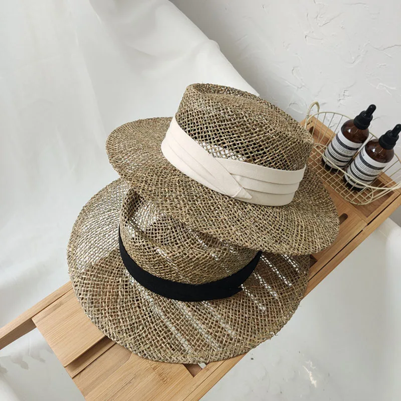 

Шляпа женская Соломенная, Пляжная Панама ручной работы, модная, вогнутая, плоская, с козырьком от солнца, лето 2021