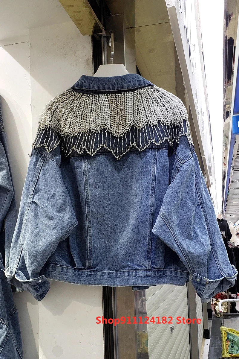 

Net Celebrity Same European Station New Heavy Industry Rhinestone Pearl Shawl Lapel Washed Loose Denim Jacket Female