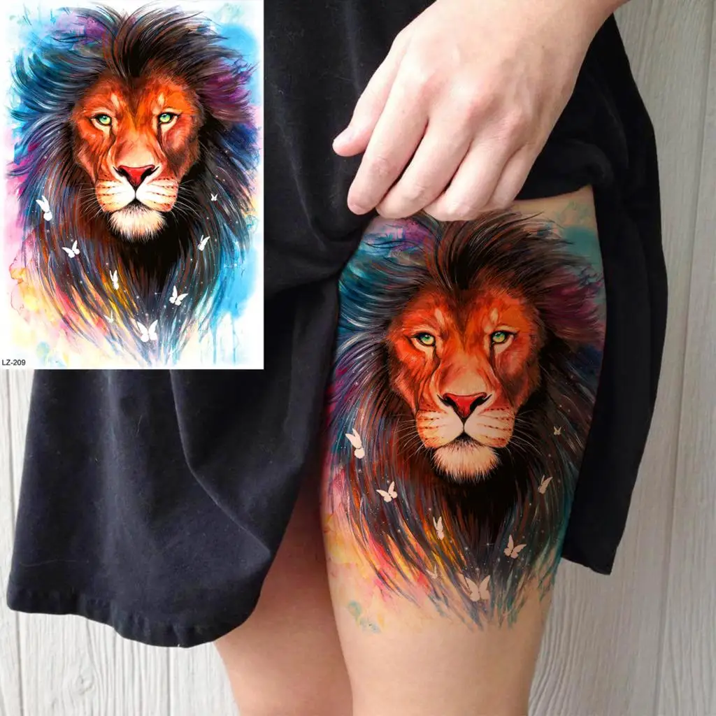 Акварельные большие временные татуировки в виде льва для мужчин и женщин
