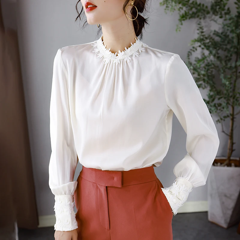 100% Genuine Silk Women's Shirts Spring Autumn 2021 Sweet Elegant Tops Female Longsleeve Blouses Woman Vetement Femme Zjt2430