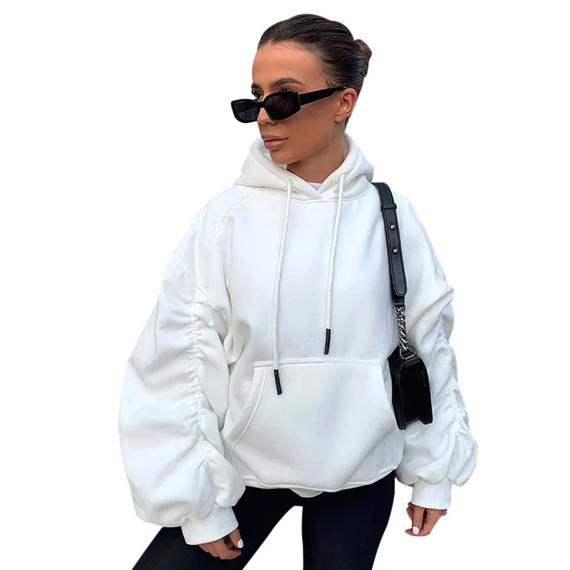 

Europe and America 2021 hooded pullover loose solid color sweater casual loose foot pants suit women