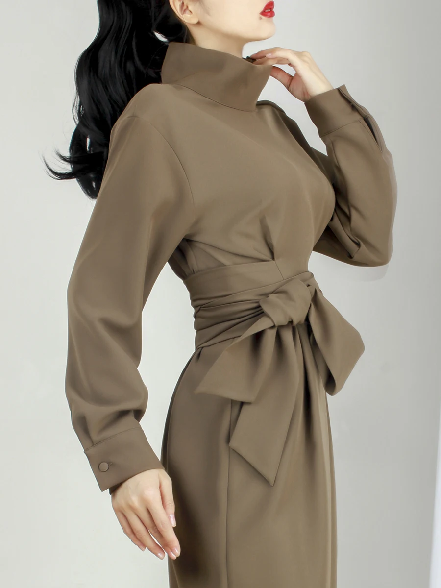 Платье-Карандаш женское с завышенной талией длинным рукавом и поясом на молнии |