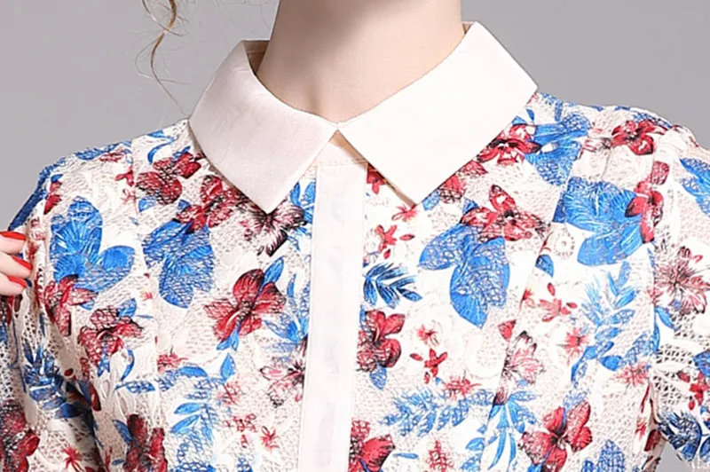 

Runway Vintage Flower Print Women Lace Dress Summer Girls Sweet Short Sleeve Hollow Out Fashion Sandy Beach Midi Dress