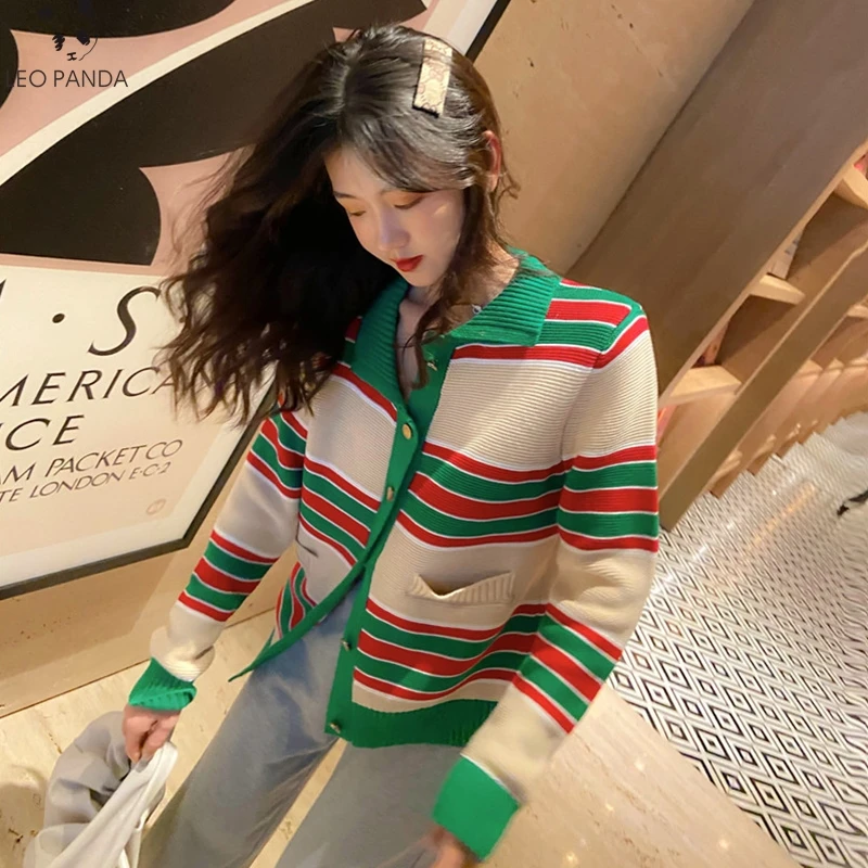 

2020 New Preppy Style Knit cropped Cardigans Sweater Women Turn-Down Collar Loose Elegaht Thicked Femme Stripe Short Casual Coat