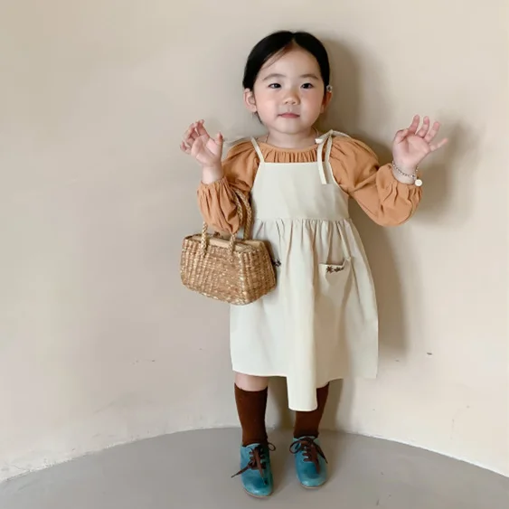 

Children Clothing Girls Casual Dresses Vintage French Children Blouse+Suspenders Two-Piece Dress 2021 Child Girls Cotton Frocks