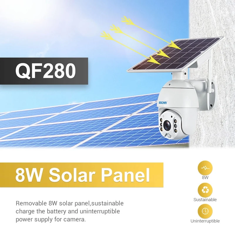 

Escam Qf280 Surveillance Camera, 1080P Outdoor Solar Battery Full Color Night Vision Ip66 Waterproof Wifi Camera