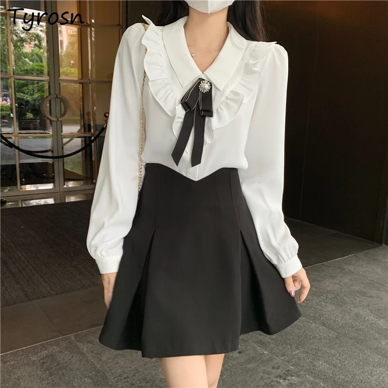 

Sets Women Sweet Design Bow Ruffles V-neck Long Sleeve Shirts Korean Style Trendy Mini Pleated Skirts Mujer High Street Hot Sale