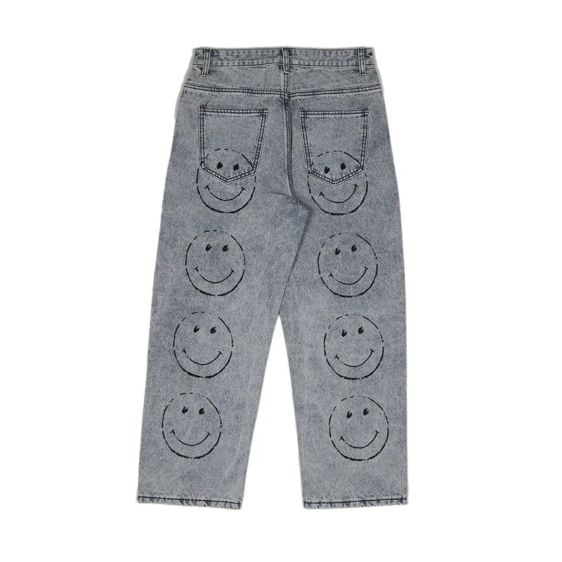 Mens Vintage Washed Jeans Hip Hop Smile Face Printed Loose Fit Denim Pants Harajuku Straight Casual Cartoon Trousers Male | Мужская