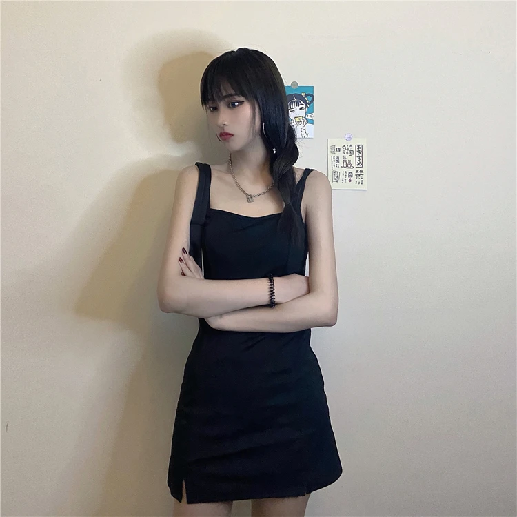 Винтажное летнее платье в стиле панк готика тонкое черное модное с разрезом