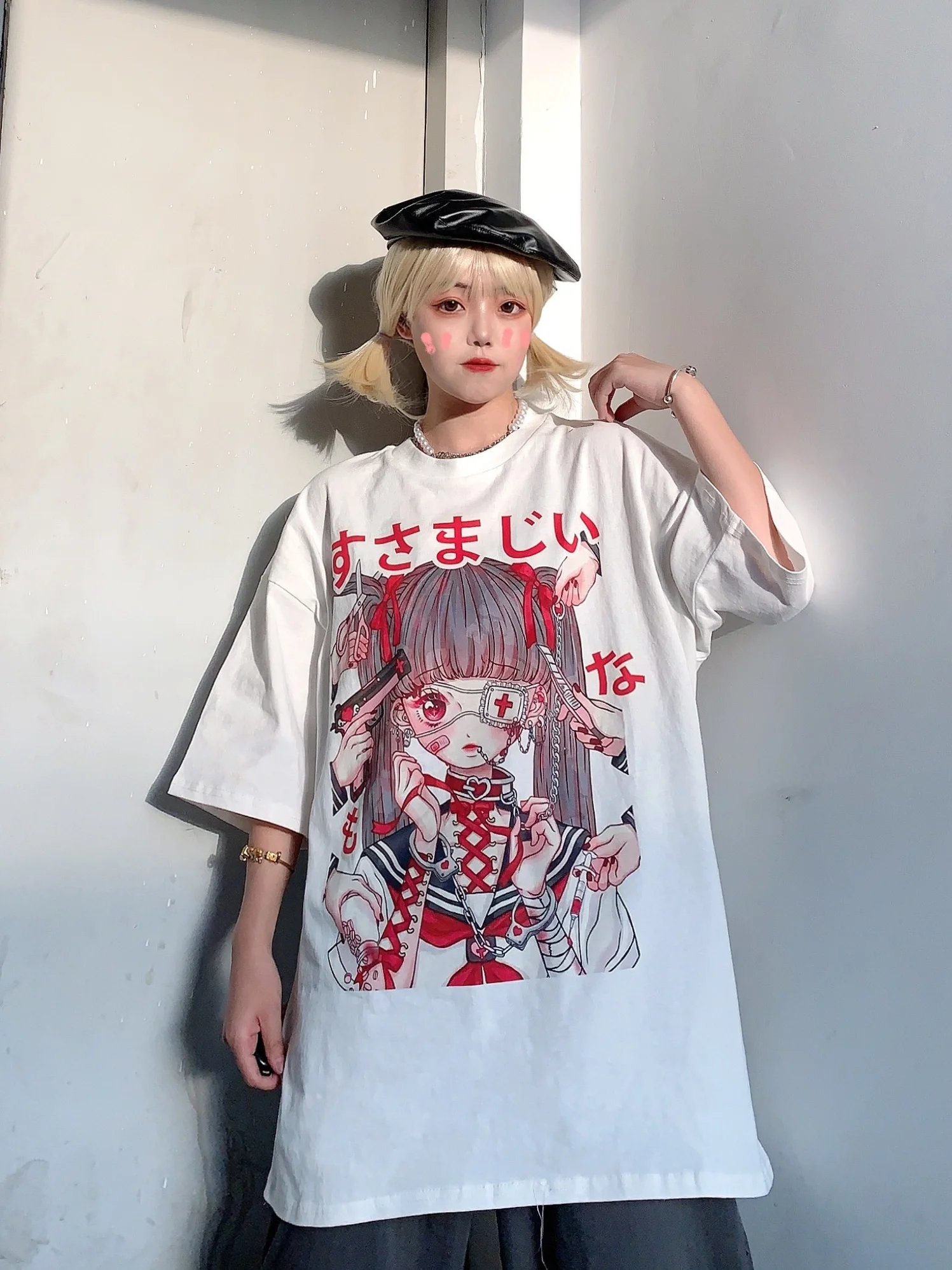 

WHOHOLL Summer Japanese Anime Cartoon Maid Print T-shirt High Street Hip Hop Gothic Man Women Couples Short Sleeve Tshirts