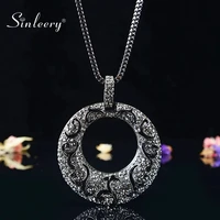 sinleery vintage big hollow pattern round pendant necklace black color long chain for women statement necklace jewelry zd1 ssi