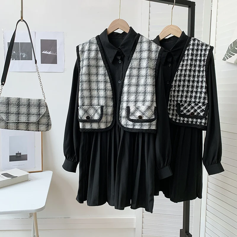 

Женский шифоновый костюм с длинным рукавом и жилетом в клетку