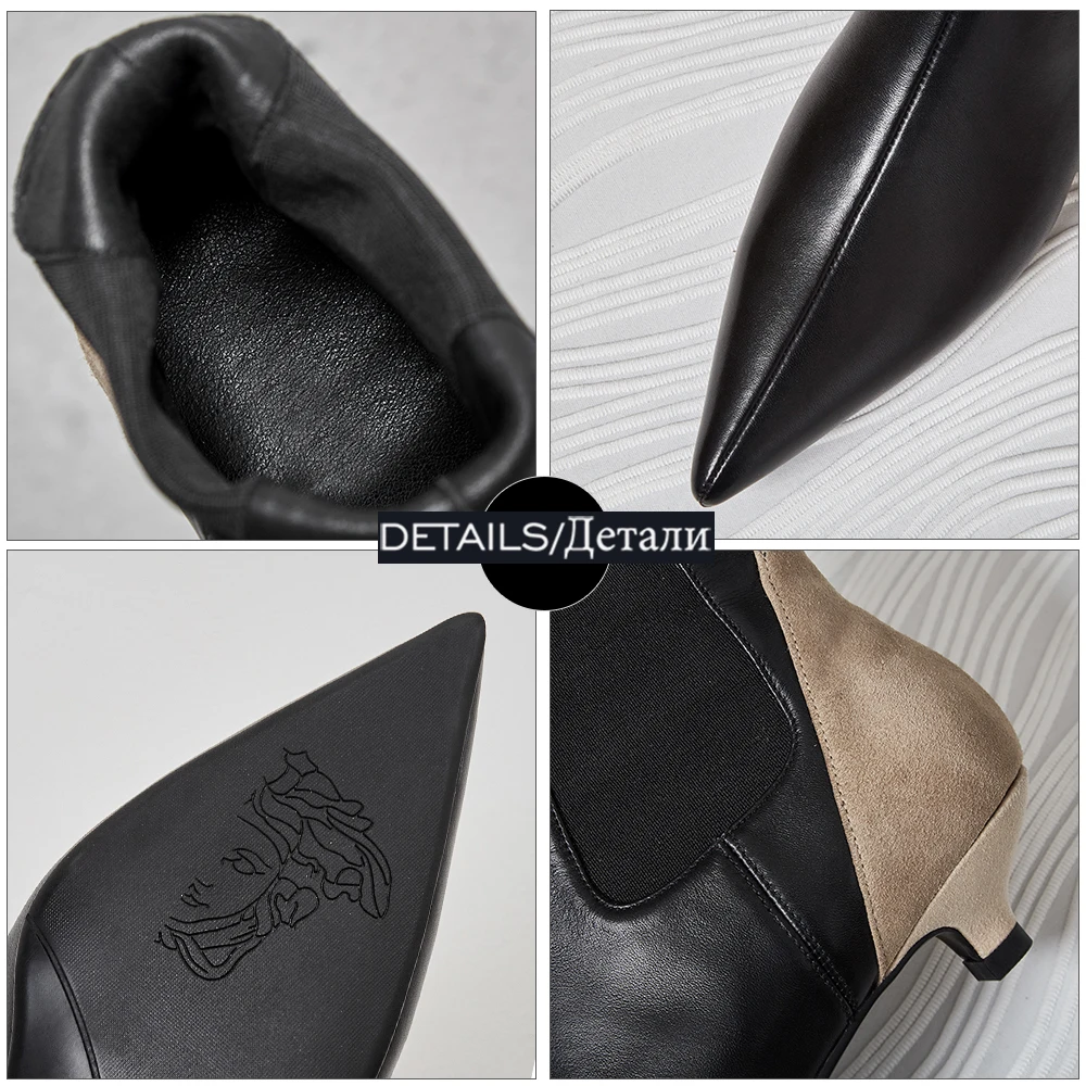 

ISNOM New Kitten Heel Ankle Boots Woman Genuine Leather Shoes Woman Chelsea Booties Pointed Toe Ladies Boot Low Heel Shoes