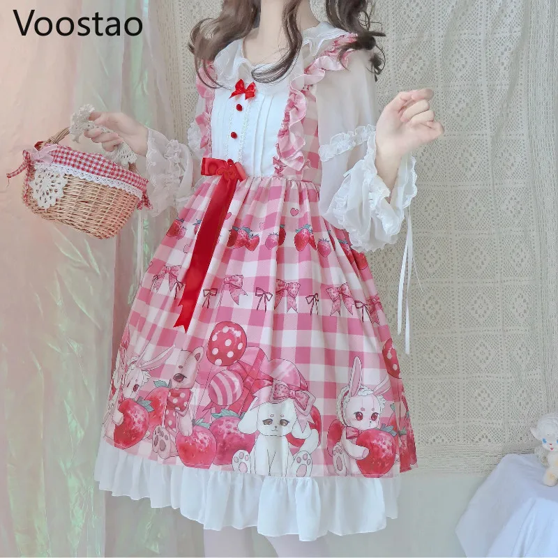 

Japanese Sweet Lolita Jsk Dress Women Cute Cartoon Strawberry Rabbit Bear Print Sleeveless Dress Girl Kawaii Princess Dresses