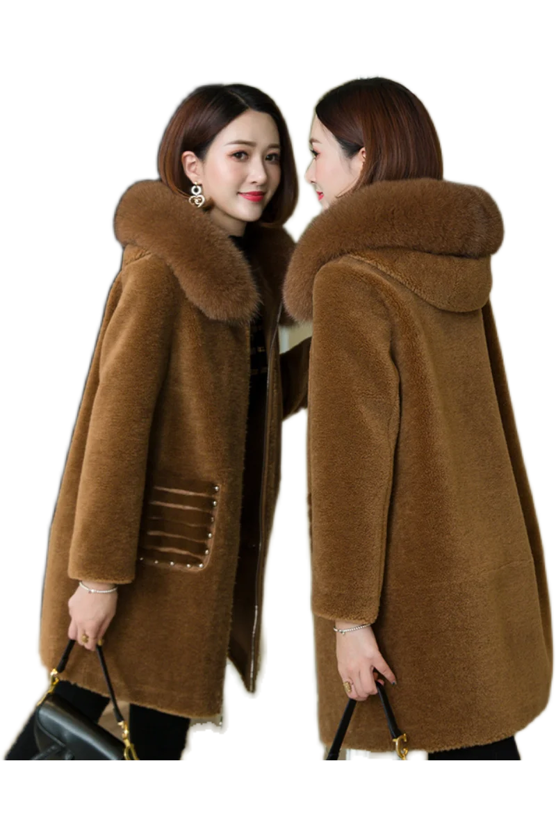 

Women 2020 Winter Fashion Real Fox Fur Collar Mid-long Parkas Female Sheep Shearing Jacket Ladies Solid Color Hooded Outwear Q73
