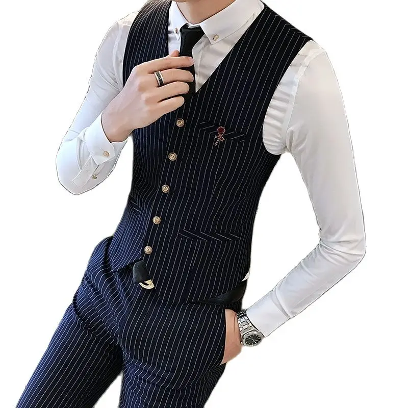 

Классические мужские жилеты в черную полоску, деловой Банкетный Свадебный Мужской жилет, черный, синий, модные повседневные мужские топы