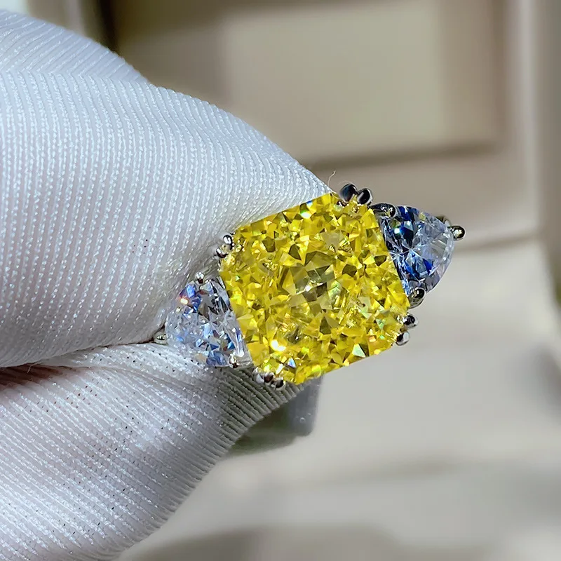 

S925 серебро Высокоуглеродистый желтый бриллиант блестящая резка квадрат 10*10 мм 5 карат обручальное ювелирное изделие кольцо для женщин