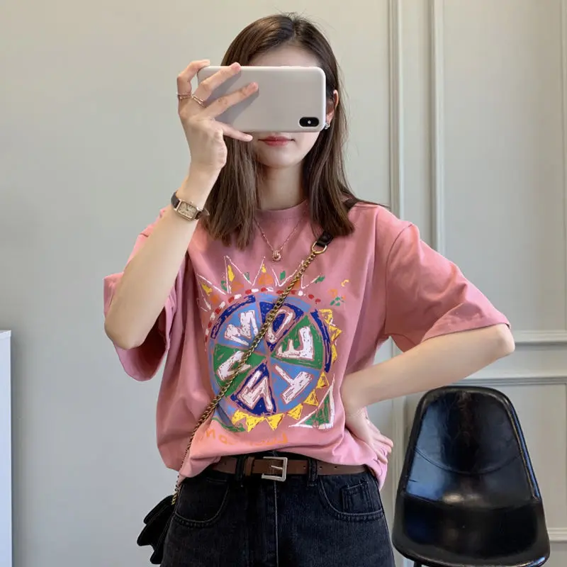 

2021 New Summer Pure Cotton Short-sleeved T-shirt Women Color Printing Graffiti Korean Loose Top Women