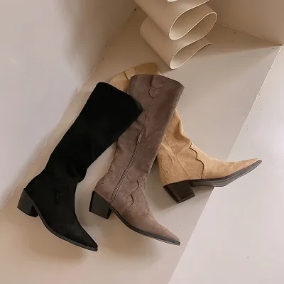 

Retro Knee-High Woman Western Cowboy Boots Flock Pointed-toe Square Toe Square Heel Slip-On Med Boots 2021 New Autumn Shoes