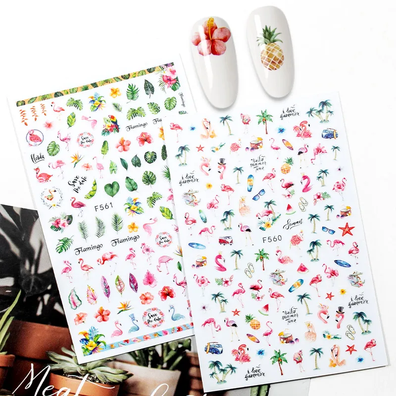 

3D Nail Stickers Animal Plant Design Manicure Flamingo Cactus Nail Art Decoration Summer Stickers for Nails
