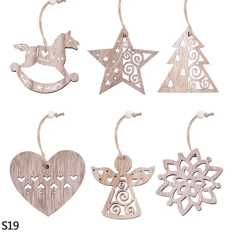 3/6pcs Christmas Wooden Pendant Wooden Hollow Snowflake Christmas Tree Hanging Decor For New Year Xmas Party Ornaments Kids Gift - Цвет: 6pcs S19