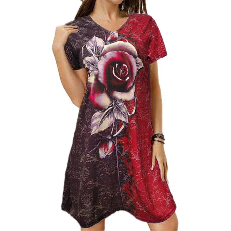 

Woman Sundress Fashion Rose Flower Womens Dresses Summer Dress Short Sleeve V-neck Boho Print Loose Casual Mini Dress Vestidos