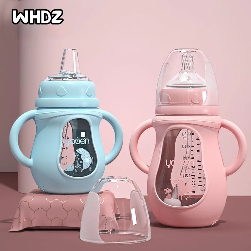 

Cute Glass Baby Bottle Soft Feel Silicone Straw Water Drink Bottles For Baby Milk Feeder Set Baby Feeding Bottle