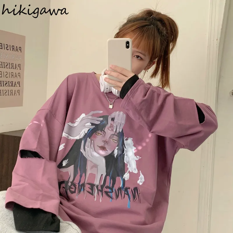 

Hikigawa Women Shirts Casual Loose Fake Two Piece Print Patchwork Tops Korean Streetwear Long Sleeve O Neck Hole Student T-shirt