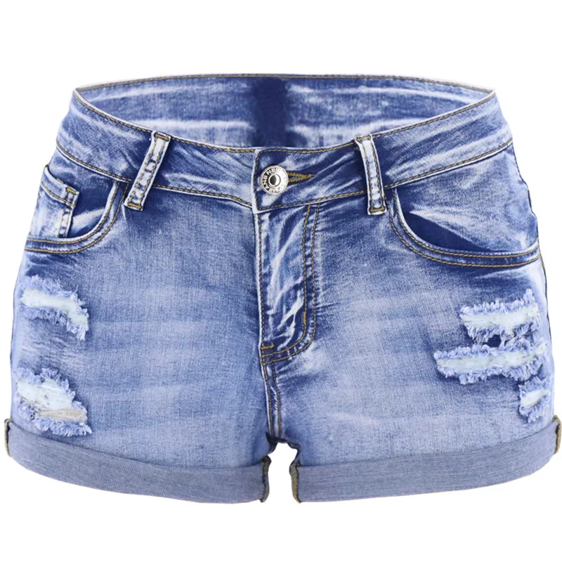 

2021 Summer Women's Denim Jeans Skinny Ripped Pocket Jeans Korean Casual Washed Blue Scratched Cuffs Low Waist Shorts Streetwear