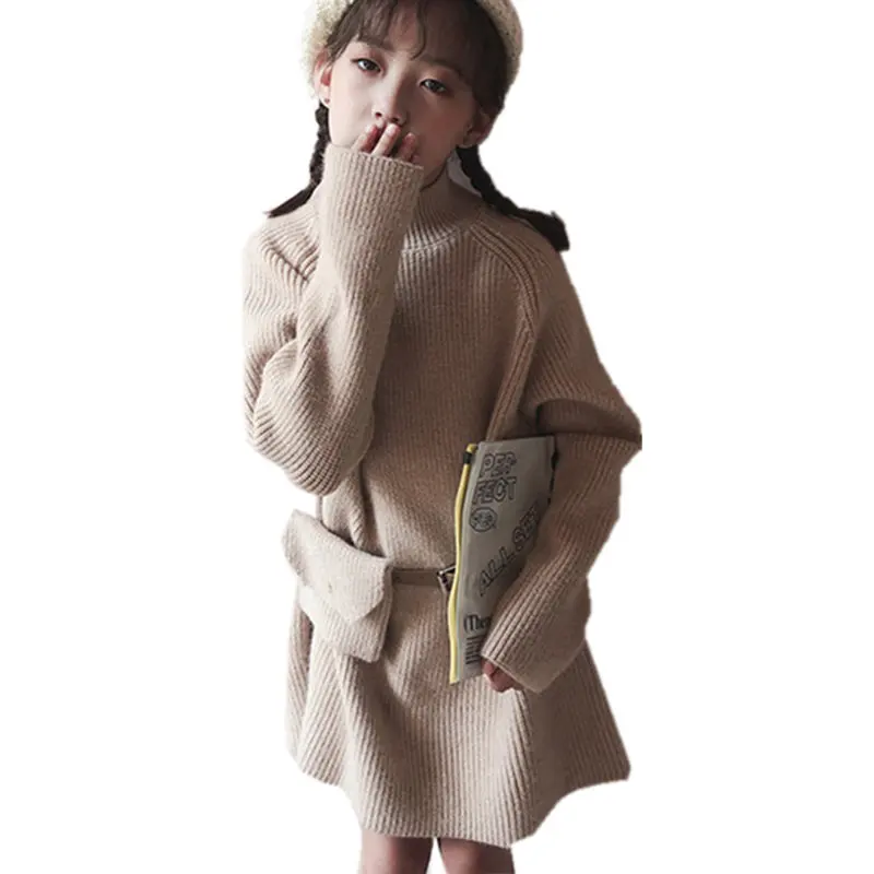 

Платье-свитер для девочек, Осень-зима 2020, трикотажное платье для девочек, детская одежда, приталенное платье-свитер с поясом для девочек, От 4...