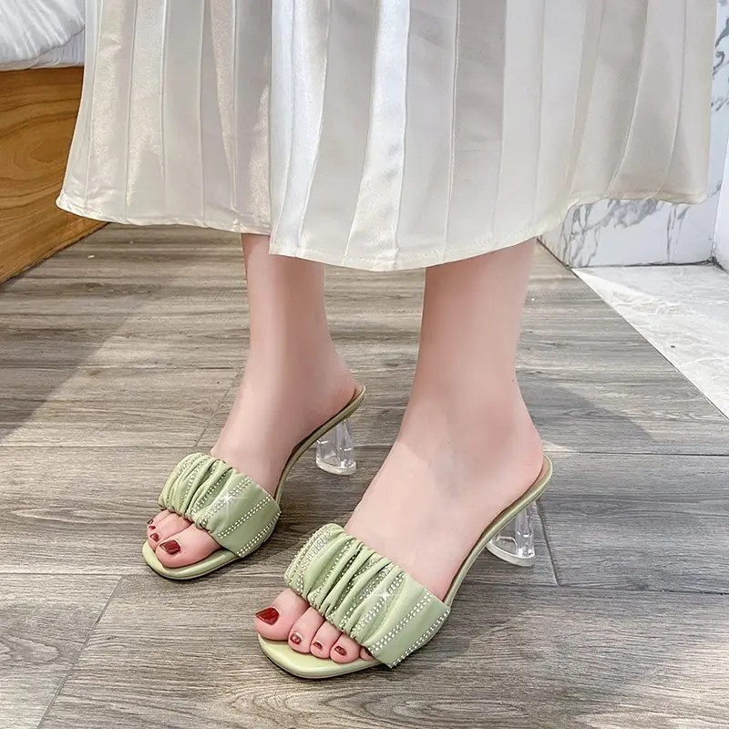 

High-Heeled Shoes Lady Womens Slippers Outdoor Med Slides Fashion Pantofle Soft Luxury 2021 PU Rubber Hoof Slippers Casual Femal