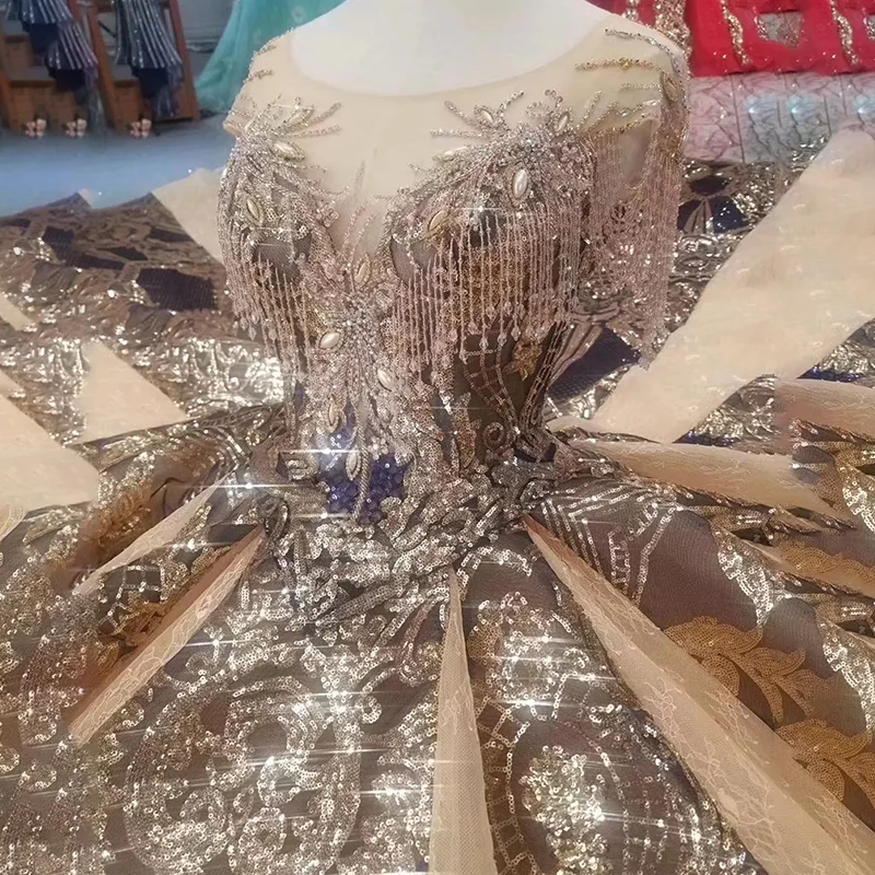 LS11080 Luxury Long Evening Dress 2020 For Women Occasion Gowns O-Neck Crystal Short Sleeves Golden Lace