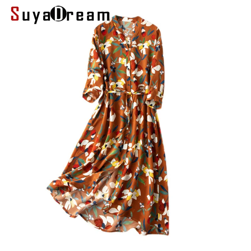 

Платье SuyaDream женское средней длины, Элегантное Шелковое Платье-рубашка с принтом, рукавом 100% и поясом, с цветочным принтом, весна-лето 3/4