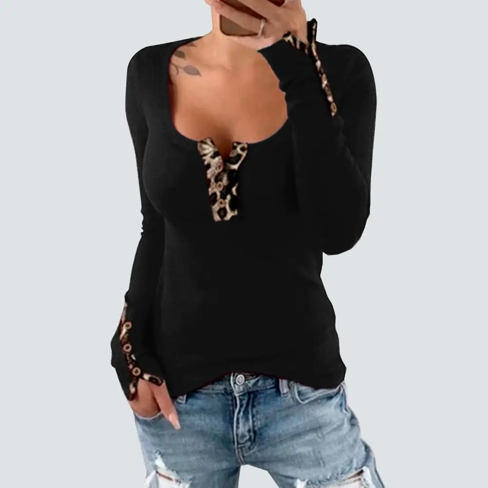 

Women Sexy Leopard Button Scoop Neck Long Sleeve Slim Cotton T-Shirt Ladies T-shirt Casual Tops